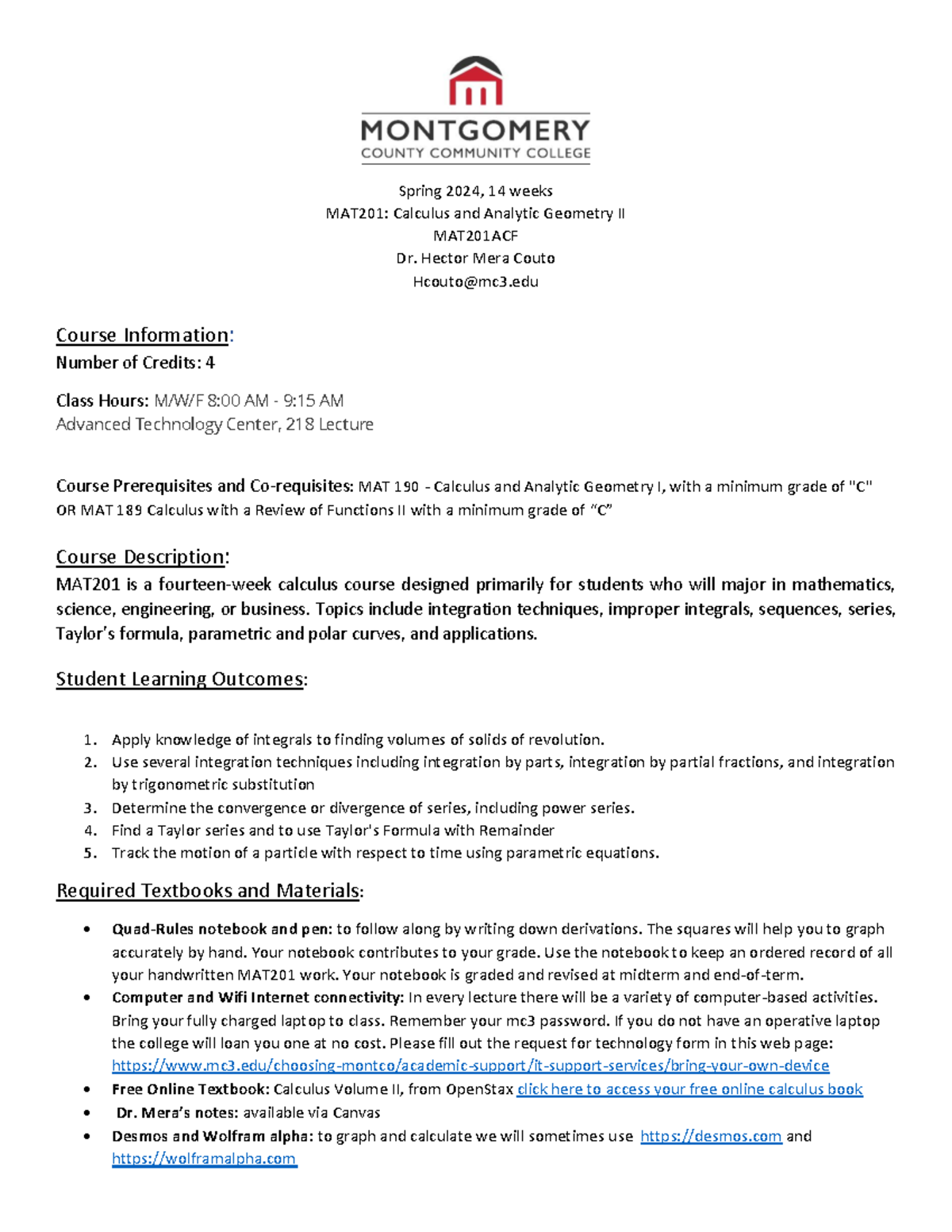MAT 201 - Calculus II Spring 2024 Course Syllabus Overview - Studocu