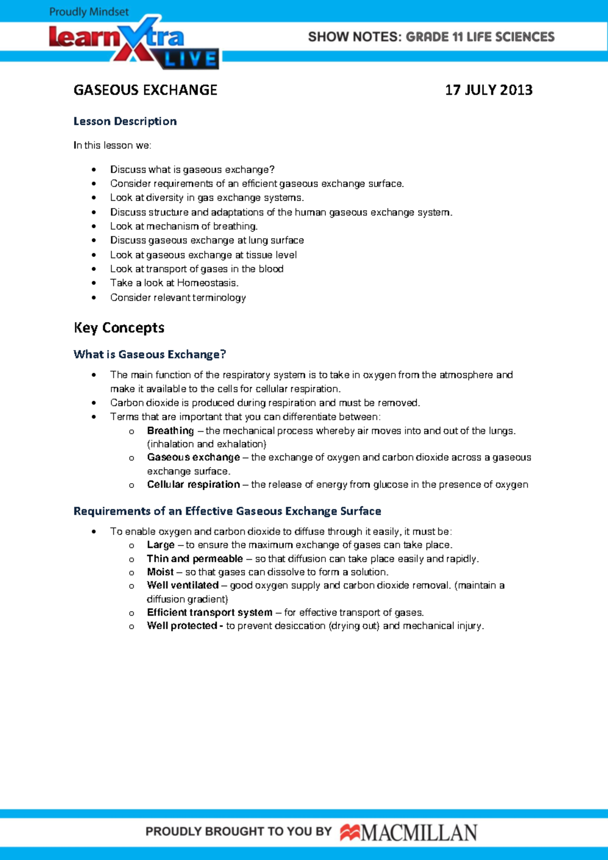 GASEOUS EXCHANGE: Lesson Overview & Key Concepts (17 JULY 2013) - Studocu