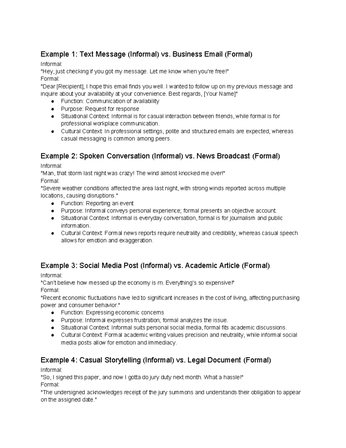 English Lang - Unit 3: Informal vs. Formal Communication Examples - Studocu