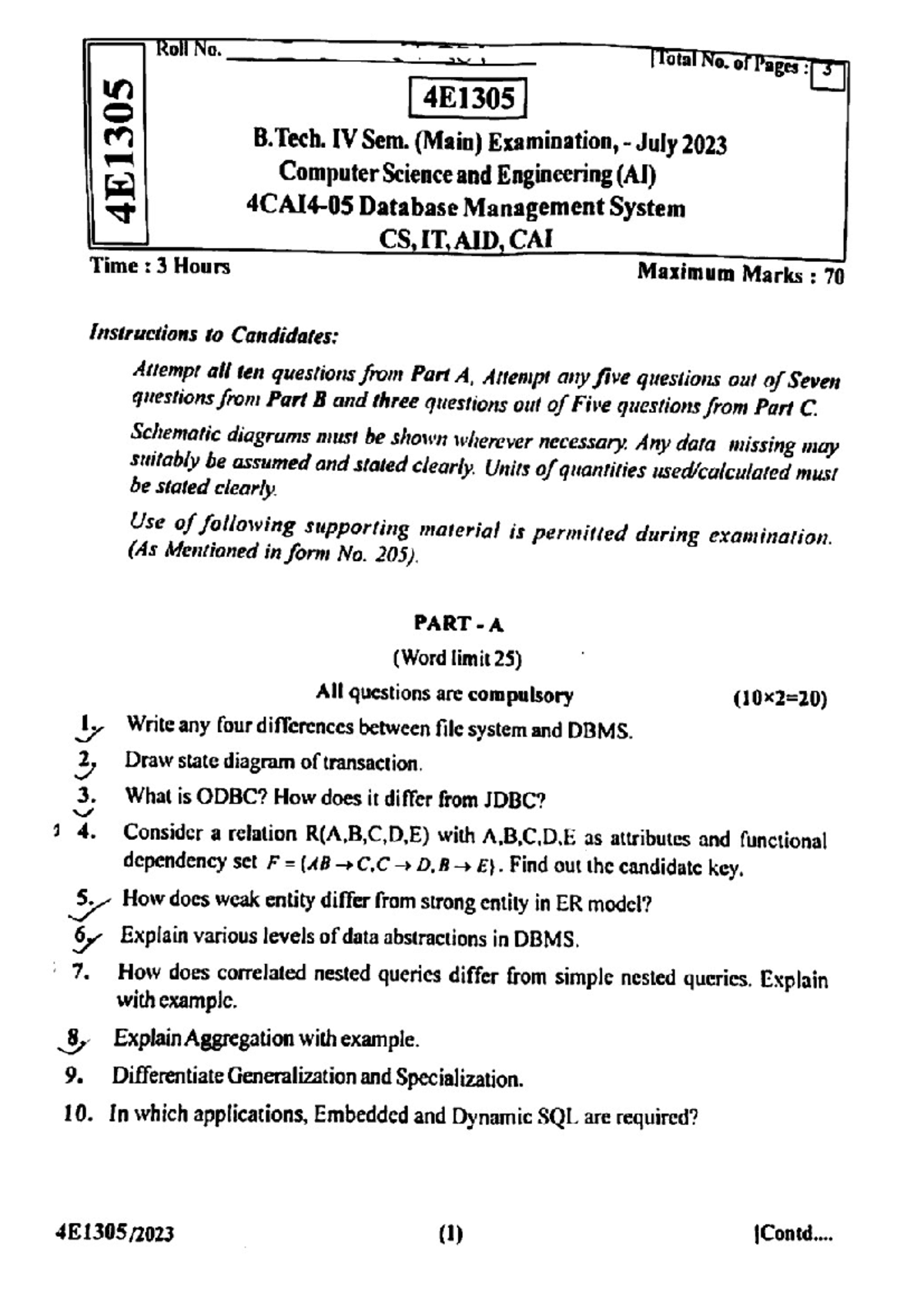 DBMS CS 4E1305 B.Tech IV Sem Main Exam Paper July 2023 - Studocu