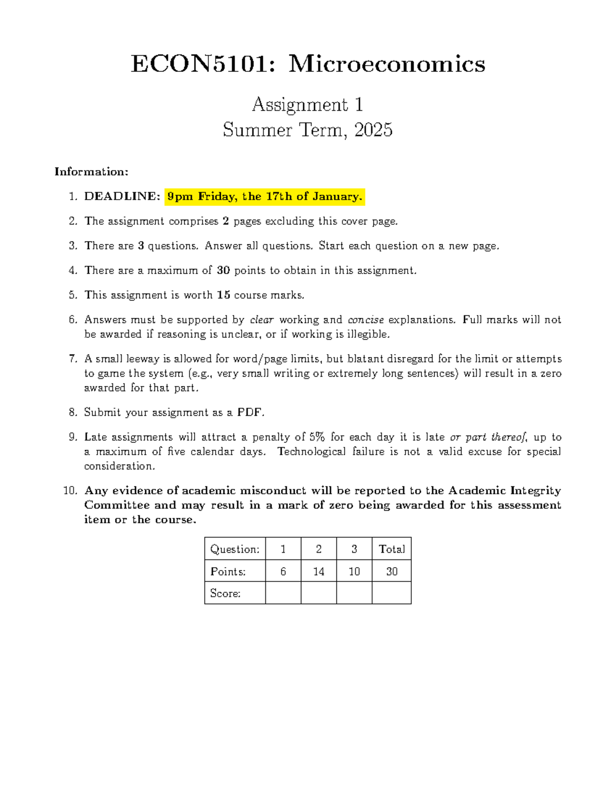 ECON5101: Microeconomics Assignment 1 Guidelines & Questions - Studocu