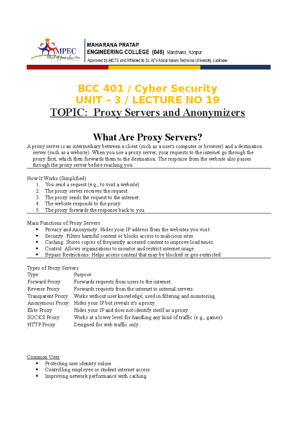 BCC 401 Cyber Security Unit 3 Lecture 19: Proxy Servers Explained - Studocu