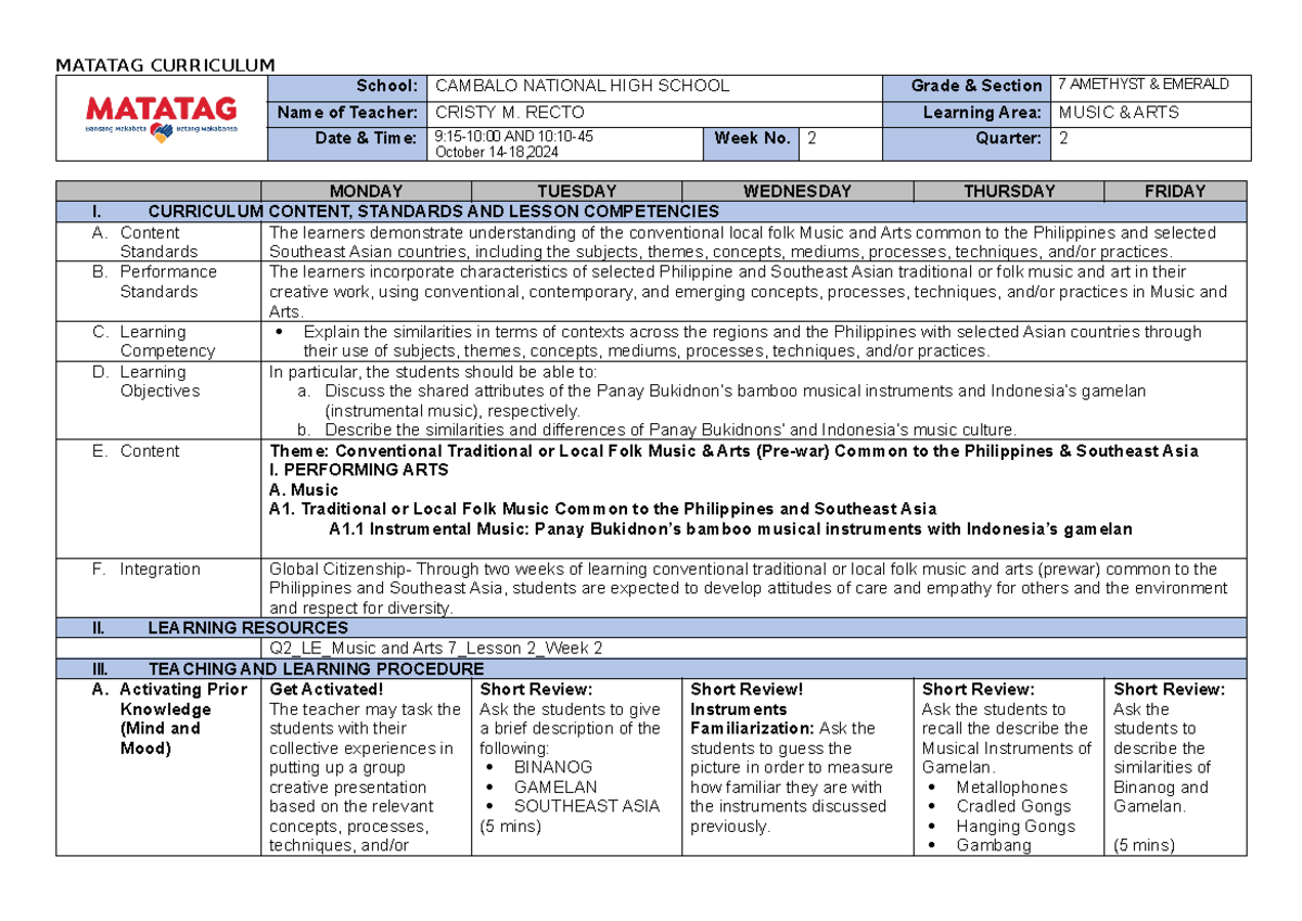 Q2 DLL Music & Arts Week 2 Lesson Plan for Grade 7 Students - Studocu