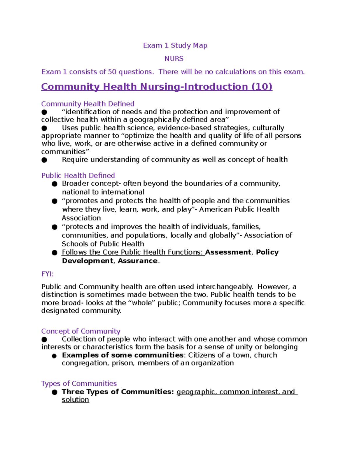 NURS Exam 1 Study Guide: Community Health Nursing Concepts - Studocu