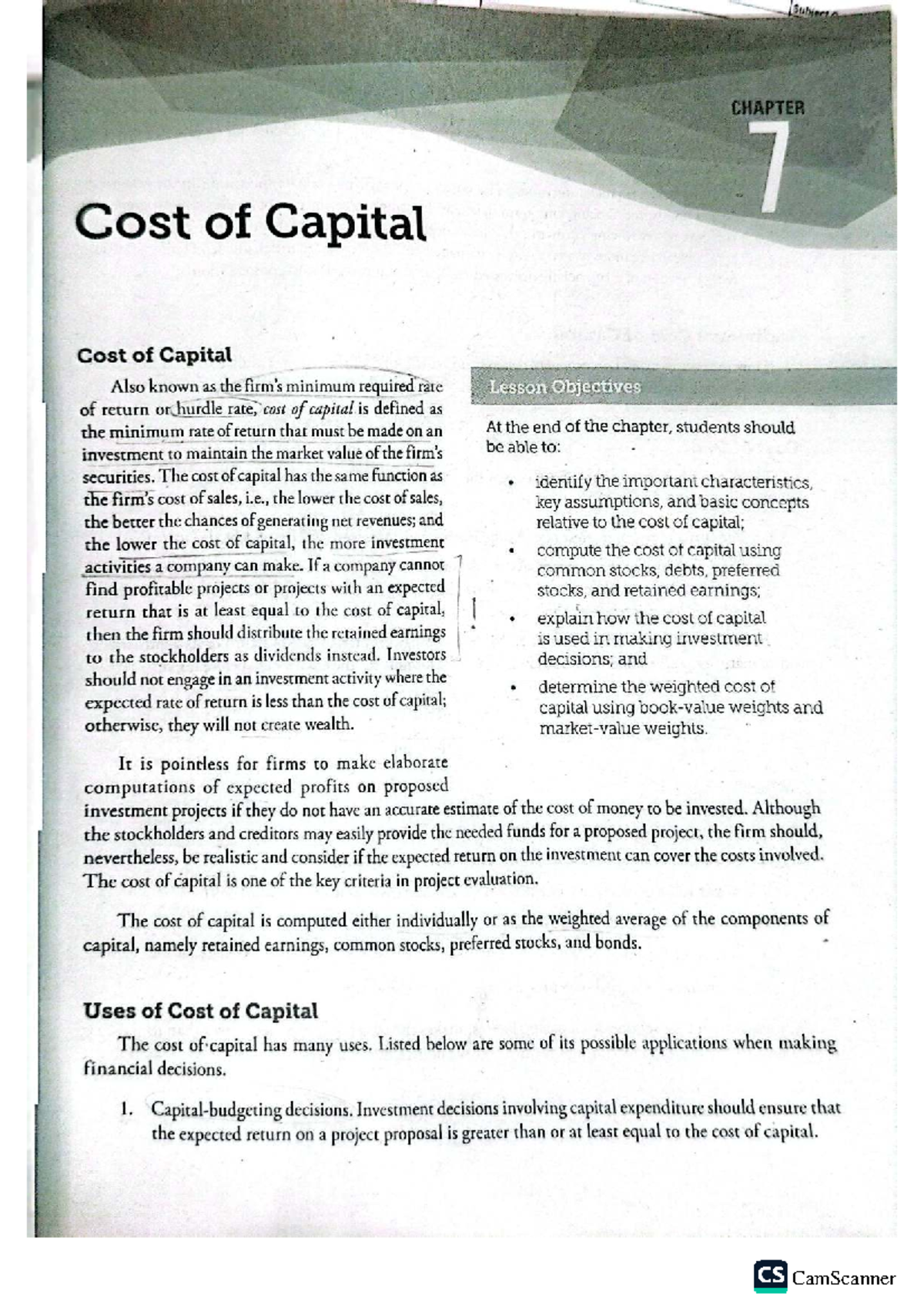CS 101: Lesson Notes on Chapter 7 - Cost of Capital - Studocu