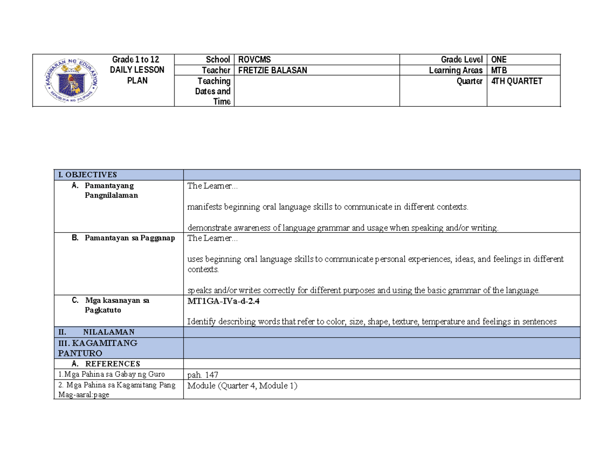 DETAILED LESSON PLAN MTB GRADE 1 QUARTER 4 by FRETZIE BALASAN - Studocu