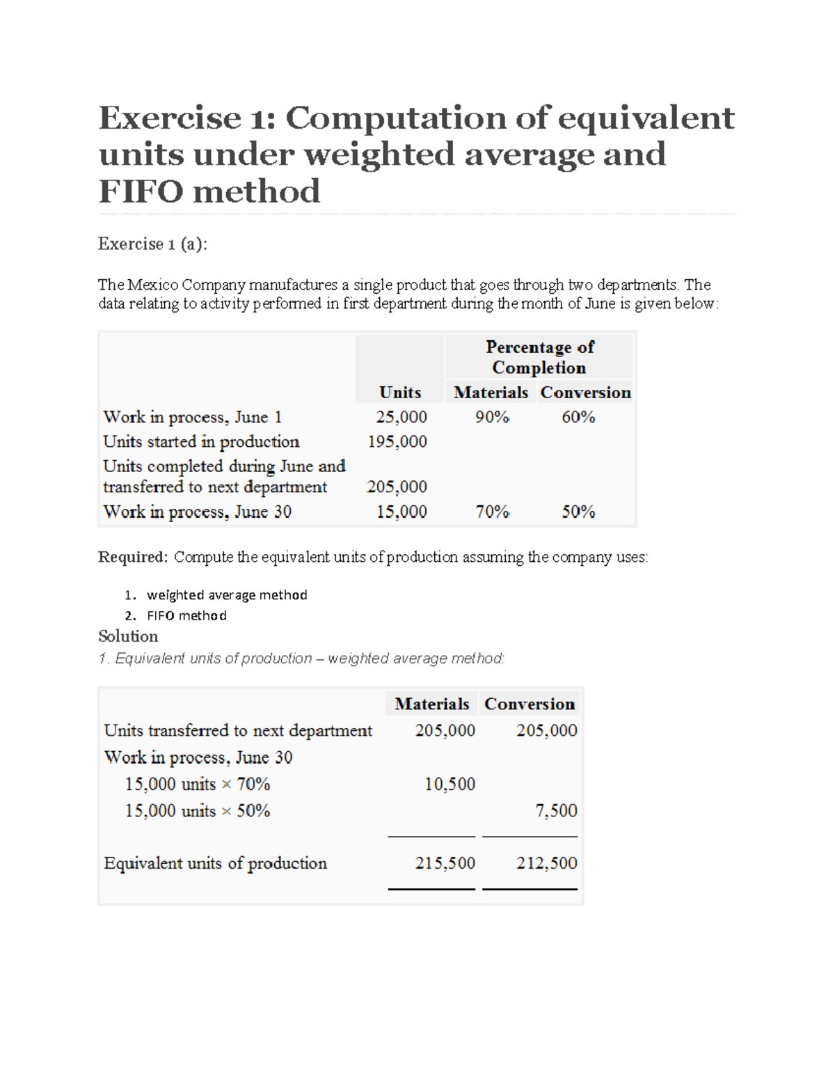 Exercise 1: Equivalent Units Computation - Weighted Avg & FIFO Methods ...