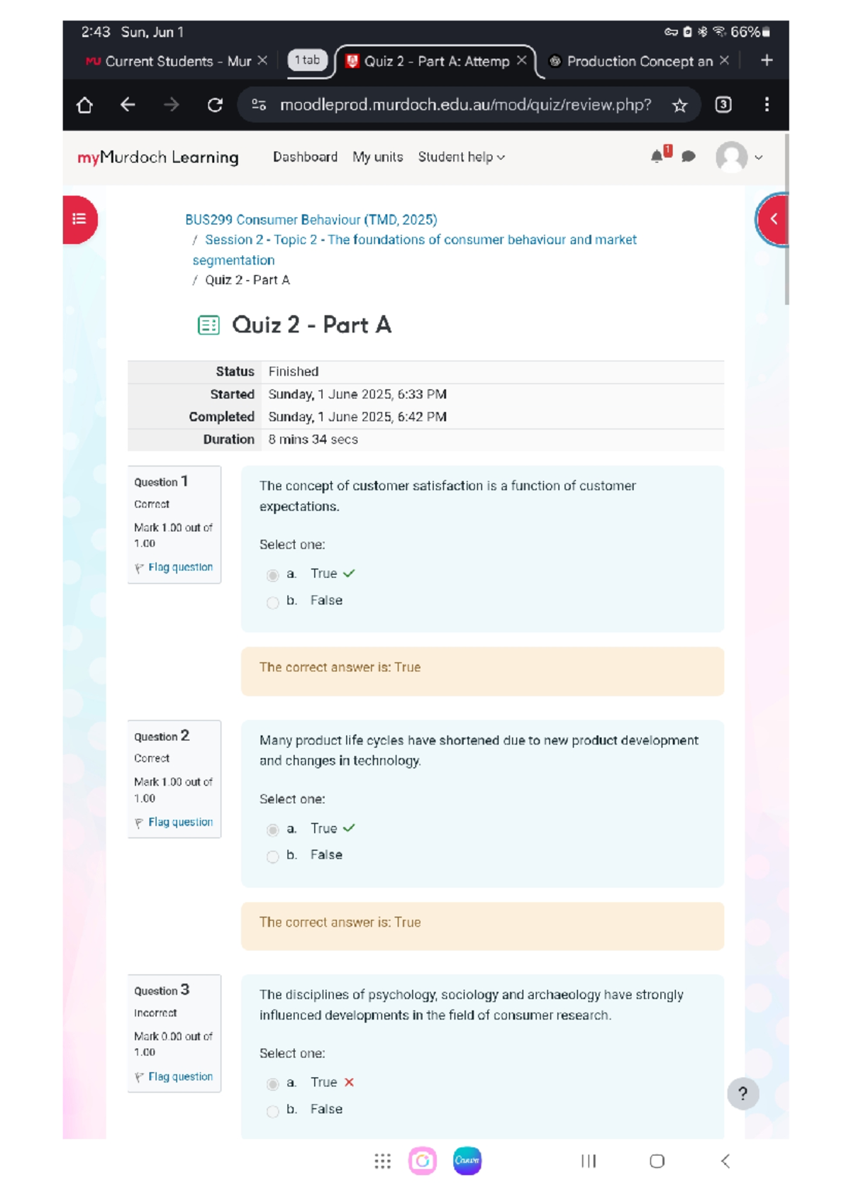 BUS299 Consumer Behaviour Quiz 2 Part A: Key Concepts & Answers - Studocu