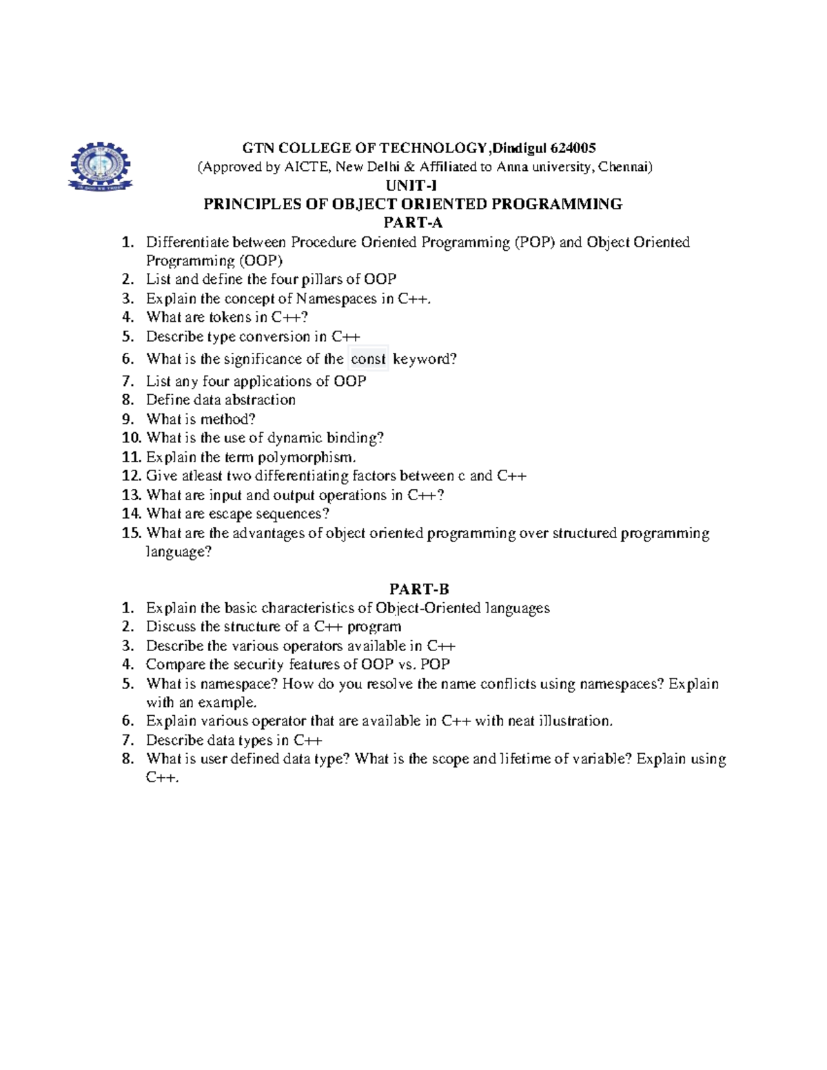 OOPS Quiz Bank (QB) - Principles of Object Oriented Programming - Studocu