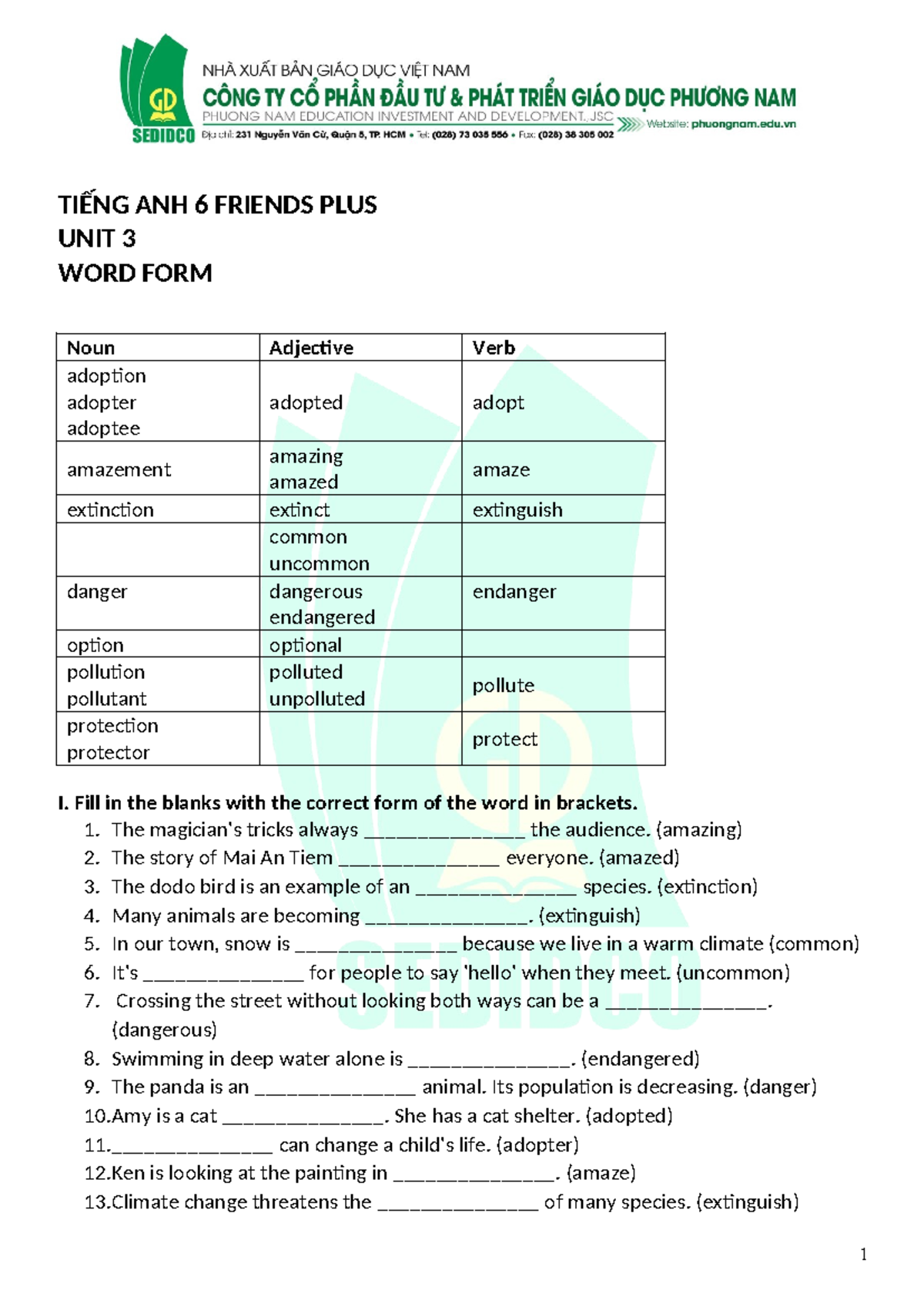Tiếng Anh 6 - Friends Plus Unit 3: Word Form Exercises and Answers ...