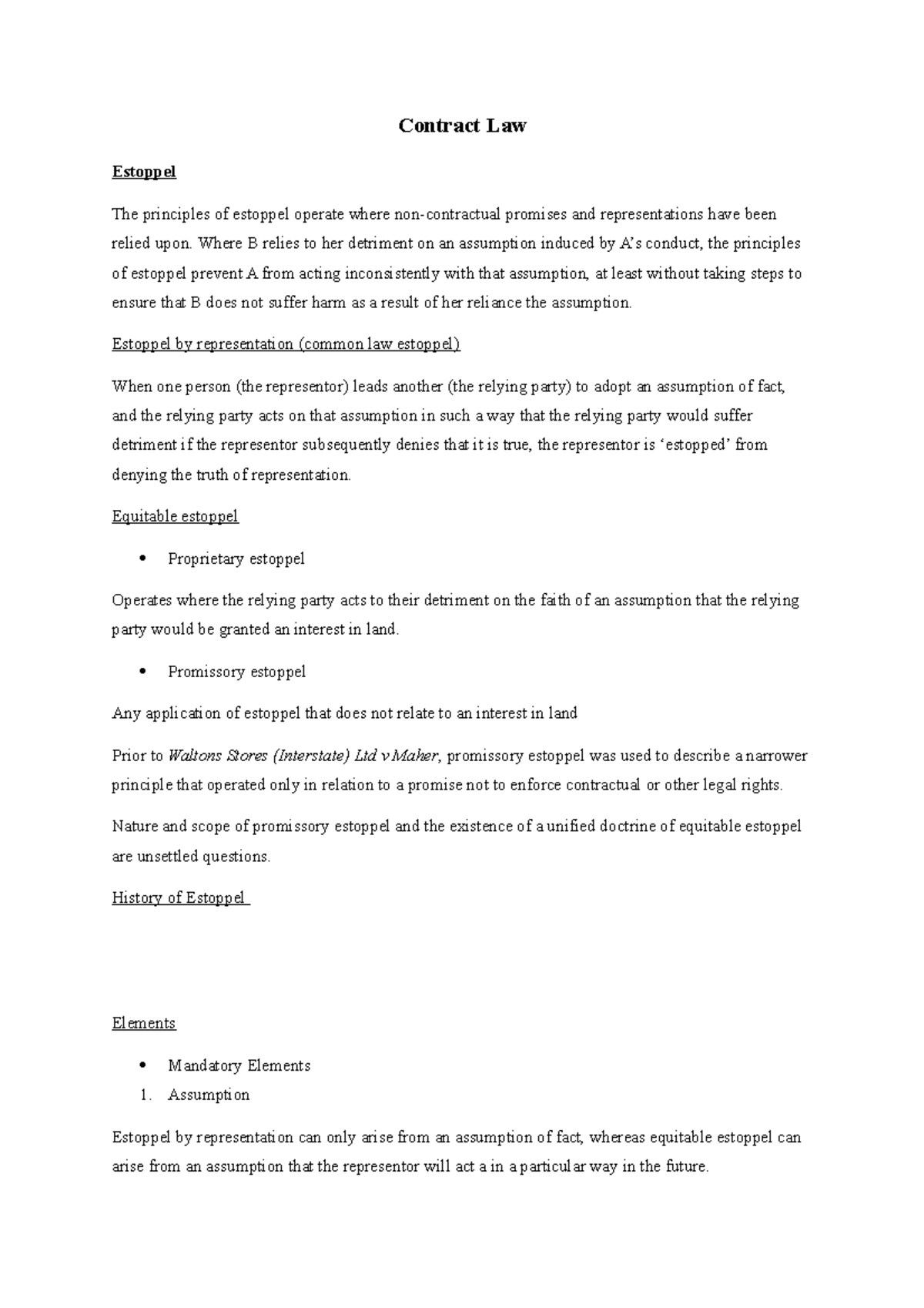 Contract notes for exam - Contract Law Estoppel The principles of ...