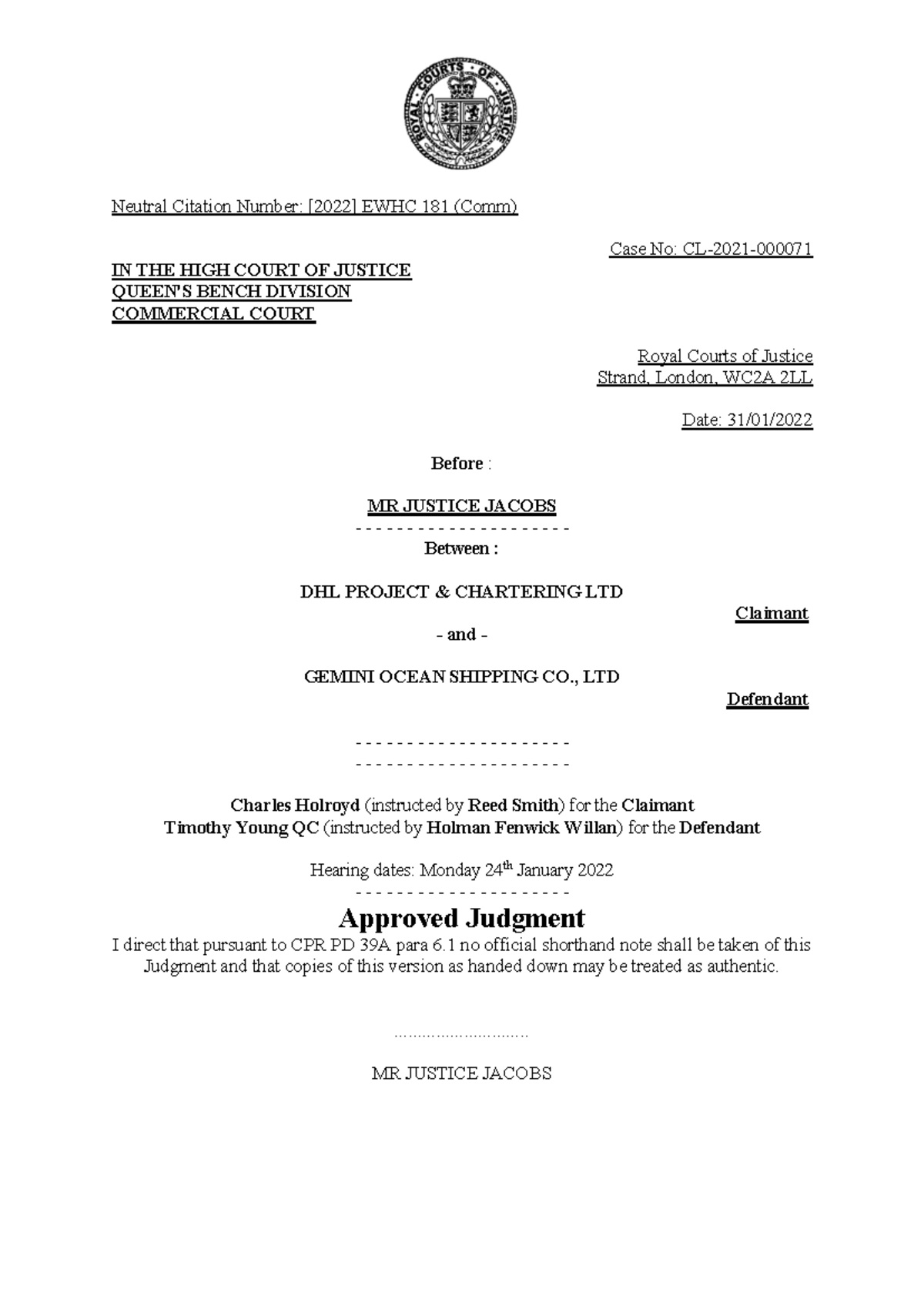 DHL v Gemini: High Court Approved Judgment (EWHC 181) Analysis - Studocu