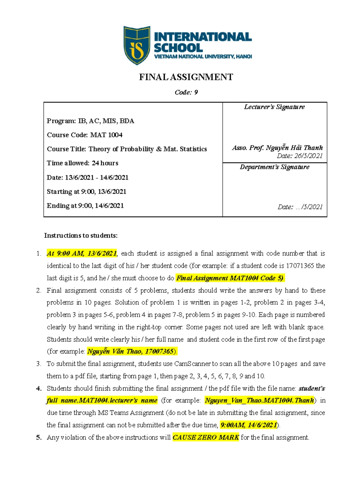Final Assignment MAT1004 Code 0 - FINAL ASSIGNMENT Code: 0 Program: IB ...