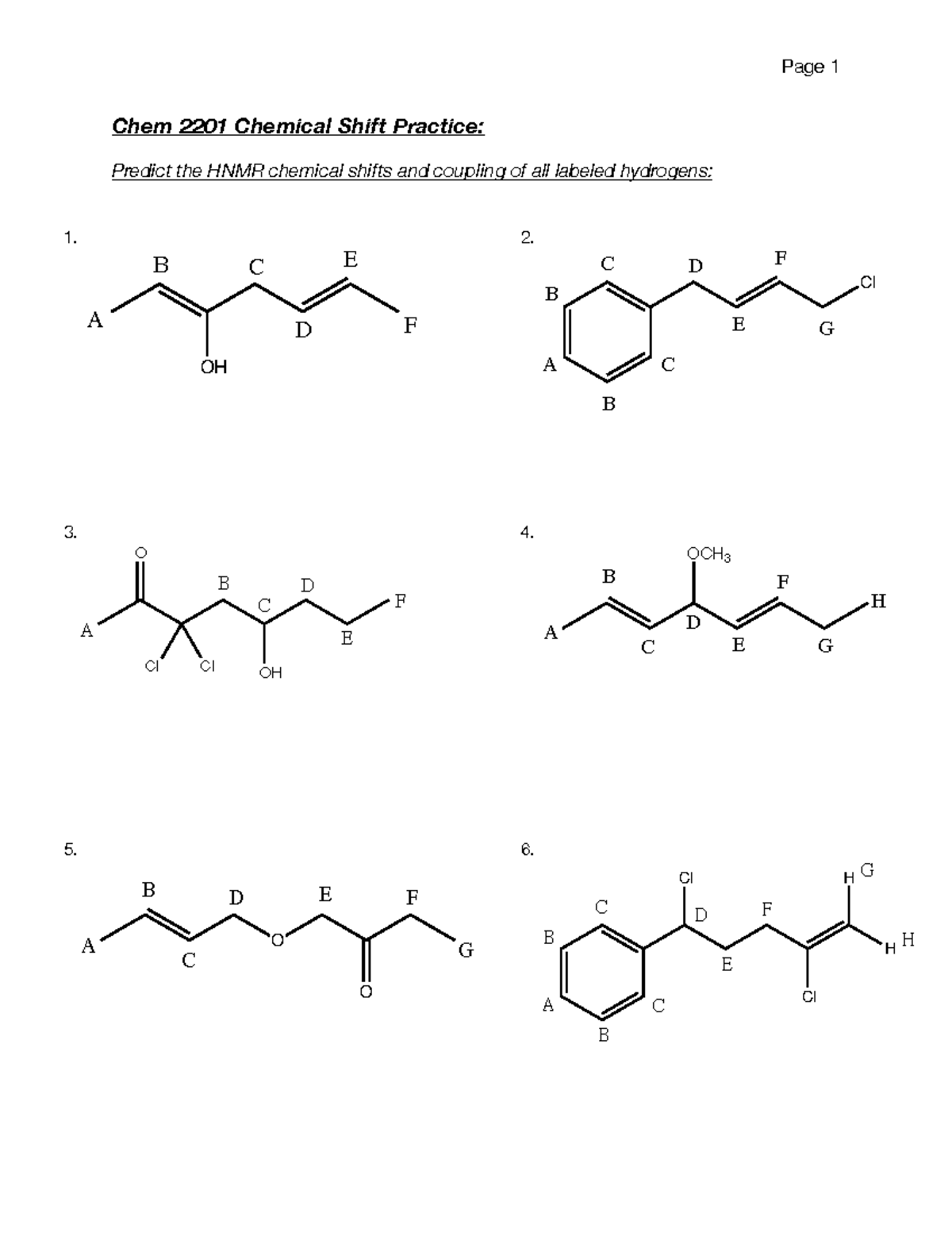Chem 2201 Chemical Shifts Worksheet: HNMR Predictions & Coupling ...