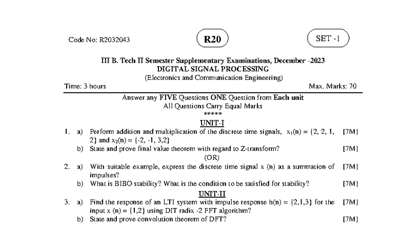 Digital Signal Processing R20 B.Tech II Sem Supplementary Exam DEC 2023 ...