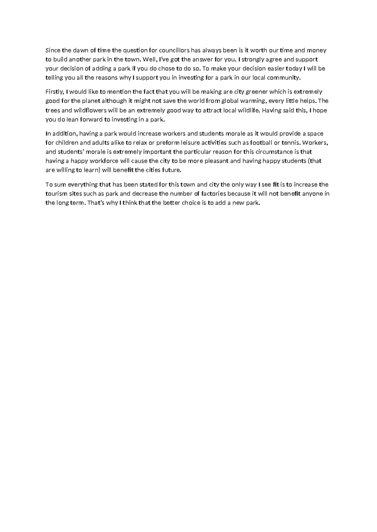 Support for Building a New Park: Benefits for Our Community - Studocu