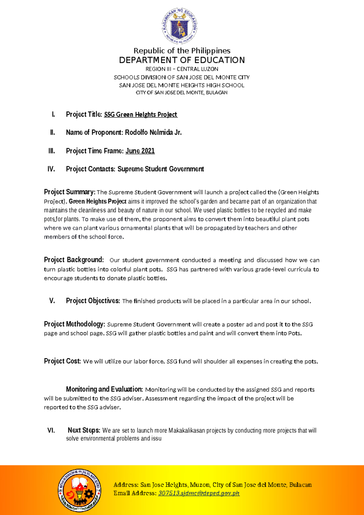 SSG Green Heights Project Proposal Report for Environmental Improvement ...