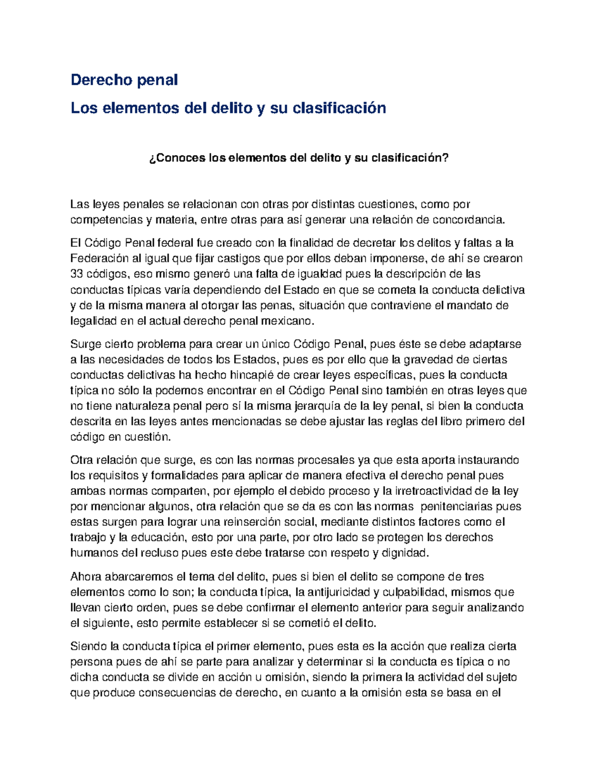Elementos y Clasificación del Delito en Derecho Penal (DERECHO 101 ...