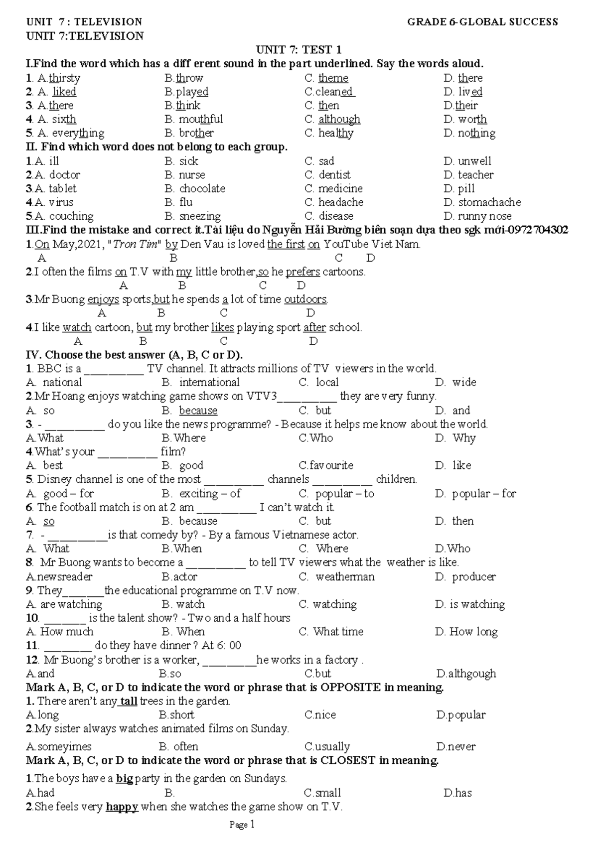 UNIT 7: TELEVISION GRADE SUCCESS - TEST 1 & 2 Activities and Exercises ...
