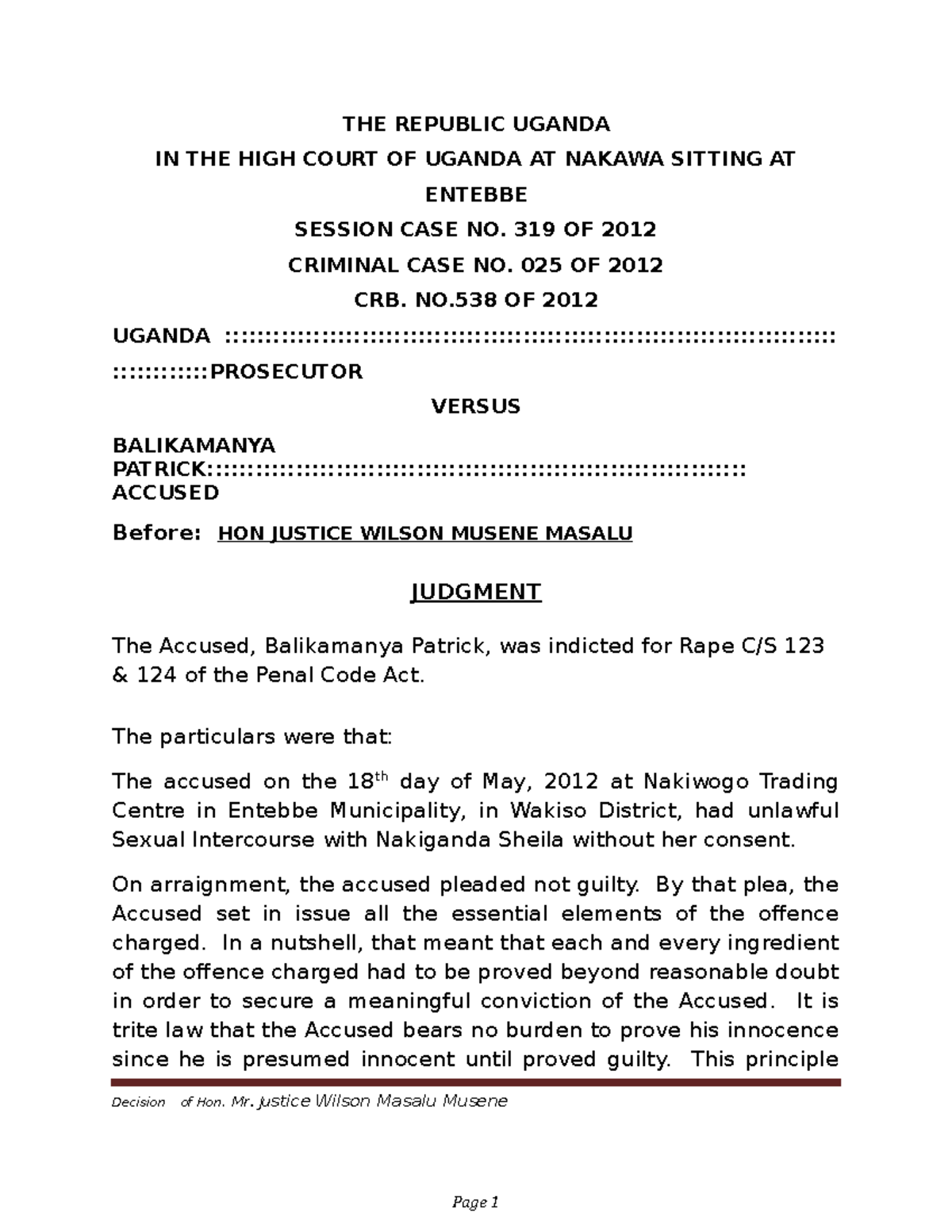 2012-UGHCCRD-1 0 - Criminal Case Judgment Notes on Rape - Studocu