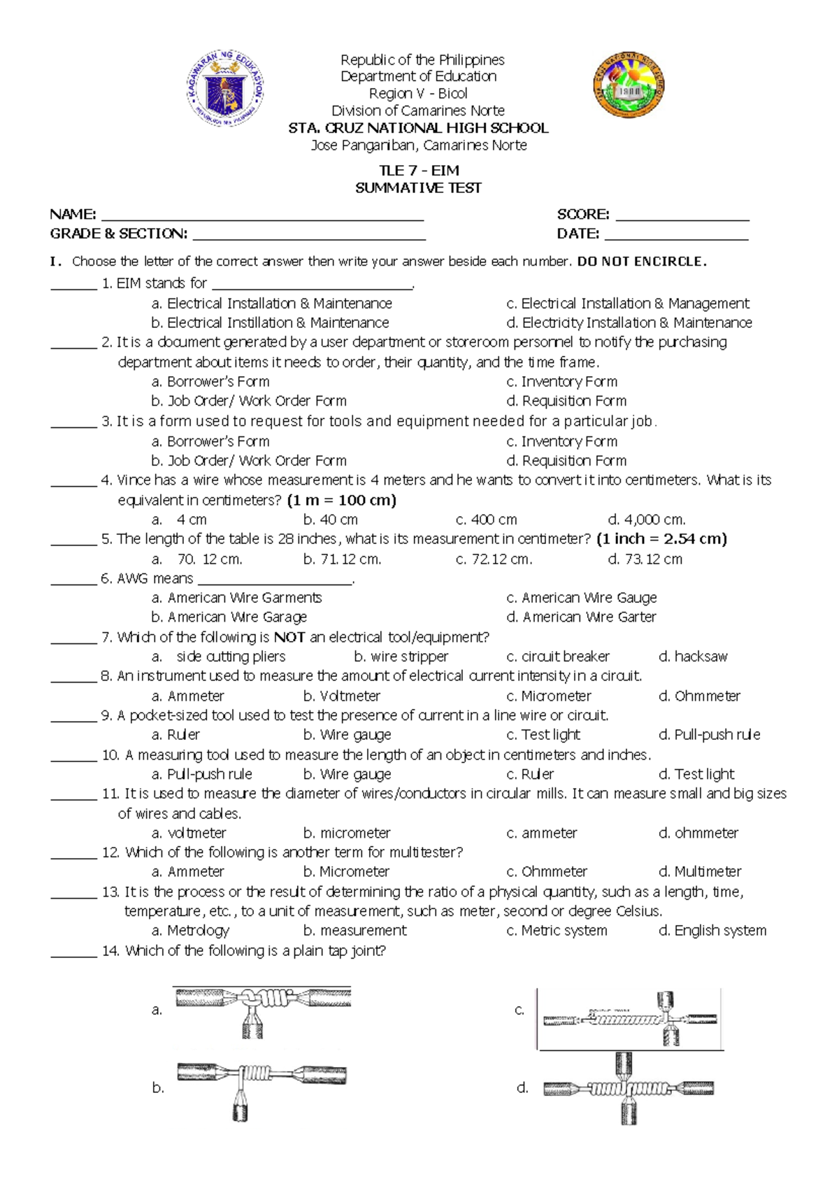 TLE 7 - EIM Summative Test Questions and Answers - Document Preview