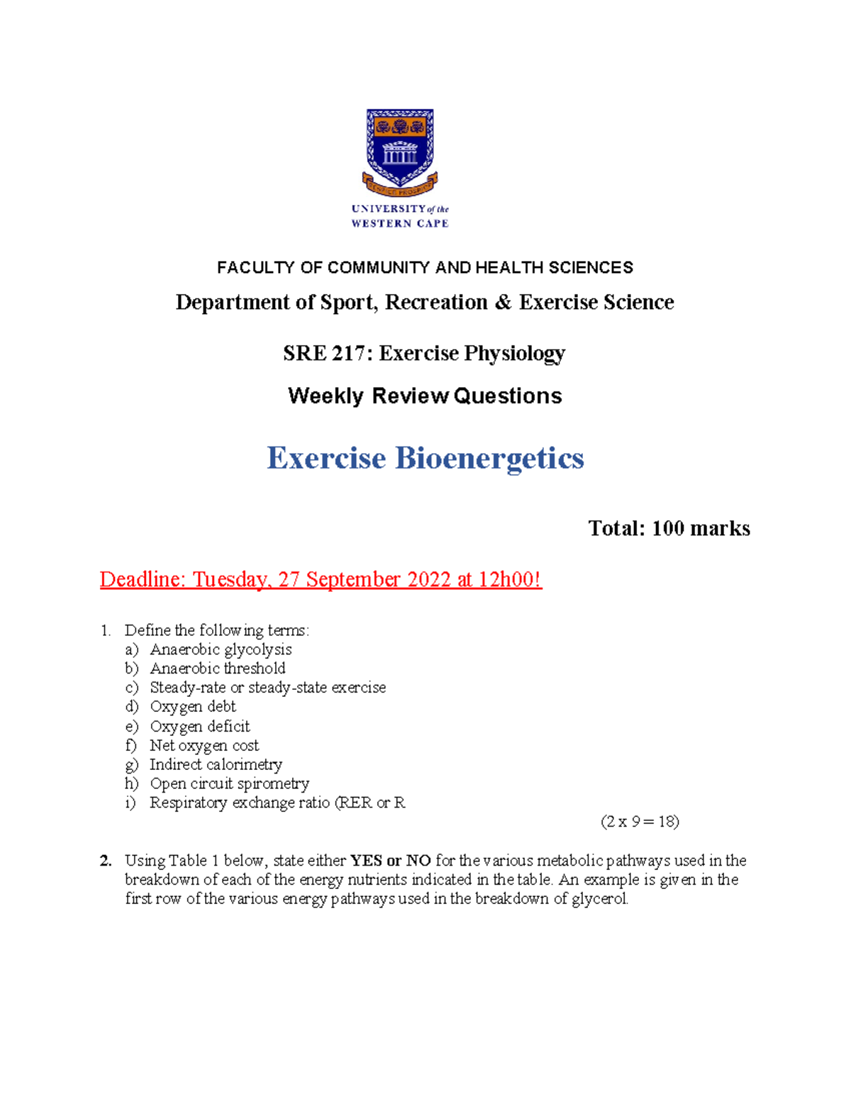 6. Exercise Bioenergetics 27.09.2022 - FACULTY OF COMMUNITY AND HEALTH ...