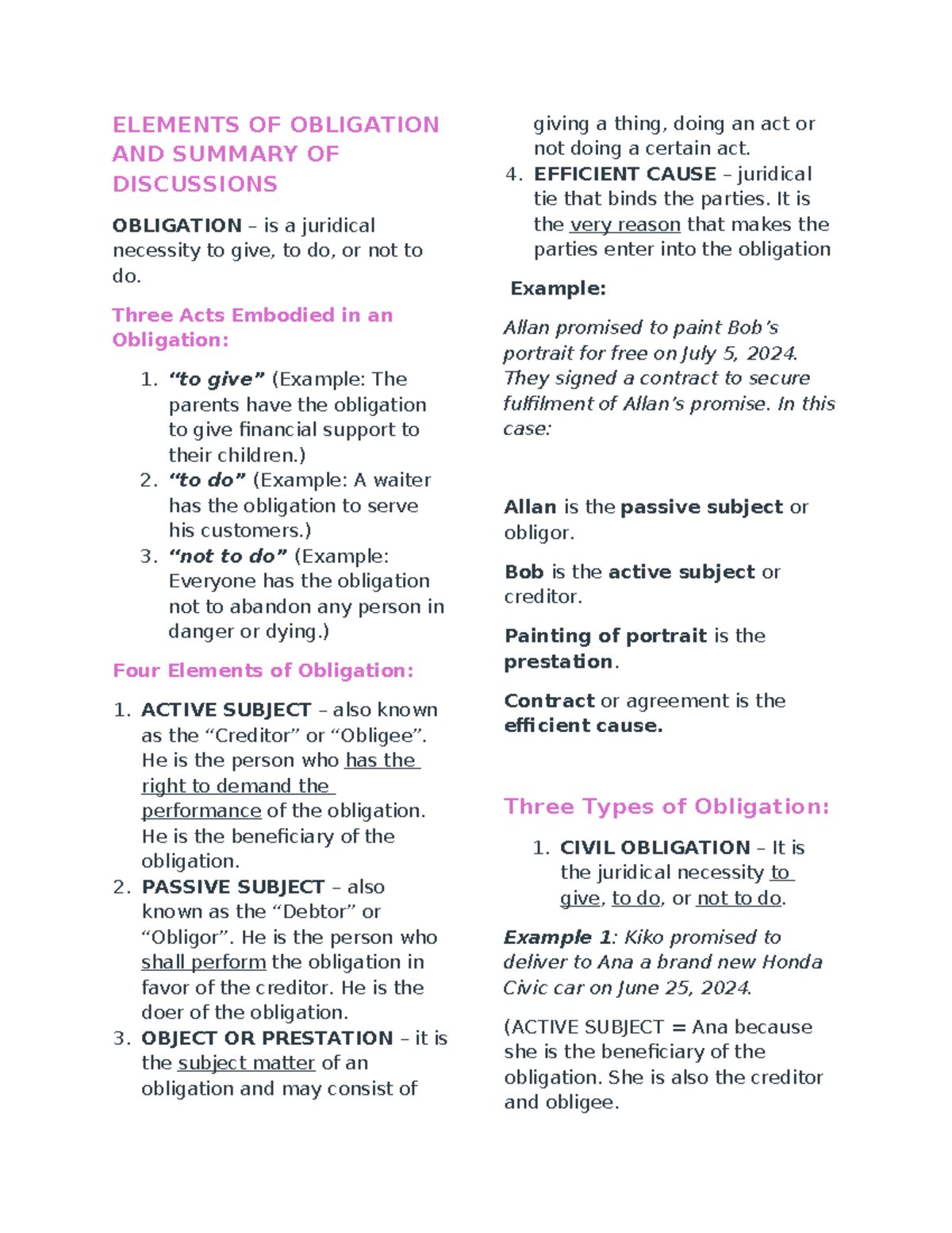 Oblicon Quiz 1 Reviewer - ELEMENTS OF OBLIGATION AND SUMMARY OF ...