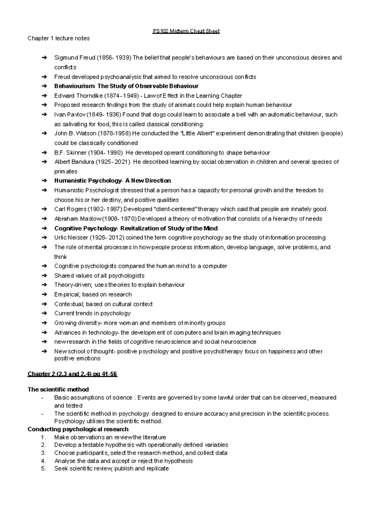 PS102 Psychology Midterm Notes: Key Concepts and Theories - Studocu