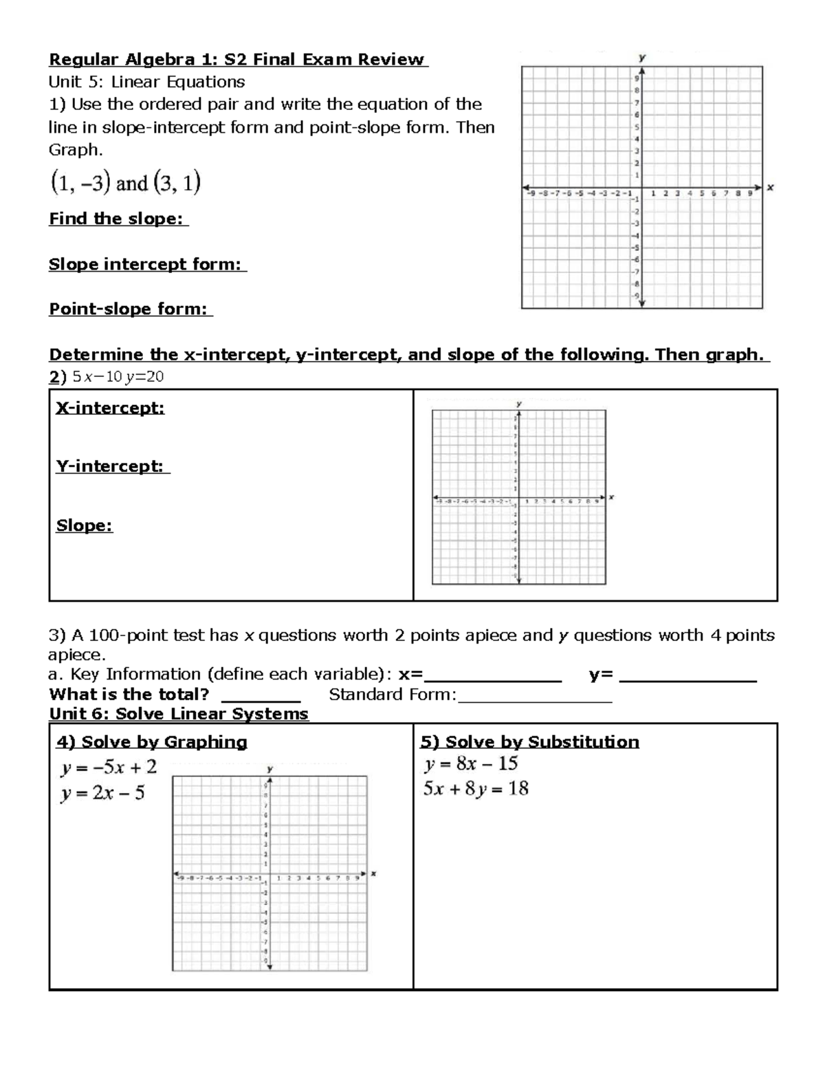 Regular Algebra 1: S2 Final Exam Review on Linear Equations ...