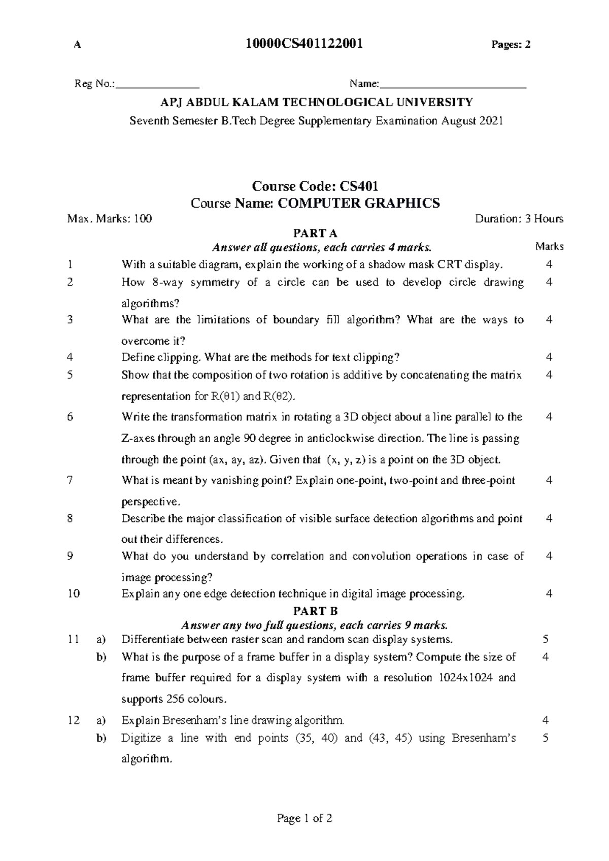 CS401 - Computer Graphics Supplementary Exam QP August 2021 - Studocu