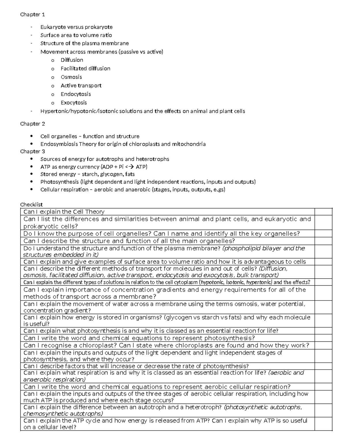 Revision Points for Chapters 1-3: Eukaryotes, Cell Structure & Energy ...