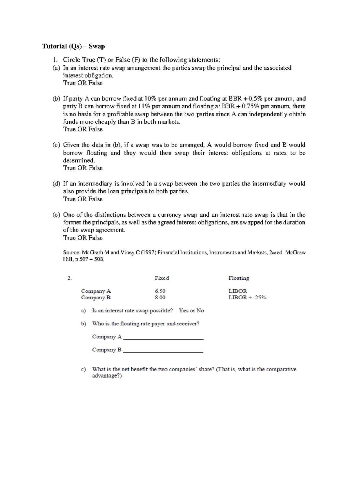 Swaps Tutorial Questions and Answers for Finance Course 101 - Studocu