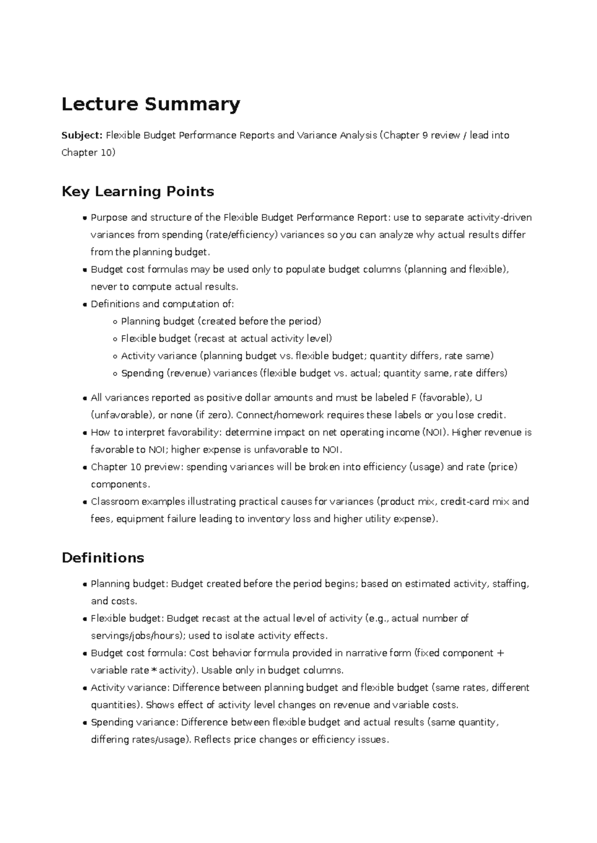 Lecture Summary: Flexible Budget Performance Reports - Studocu