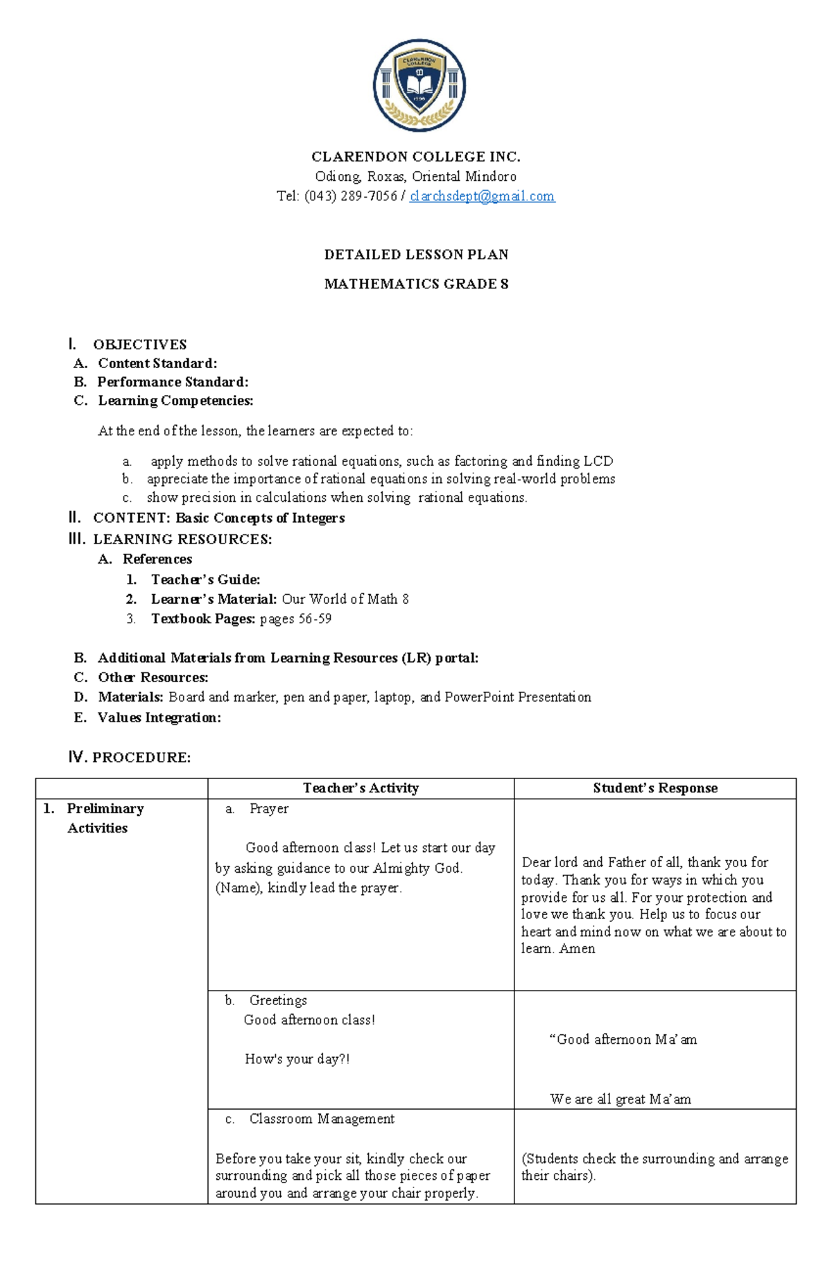 Detailed Lesson Plan: Mathematics Grade 8 (CLARENDON COLLEGE) - Studocu
