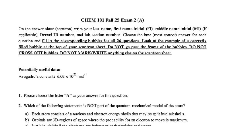 CHEM 101 Fall 25 Exam 2 Answer Key and Instructions - Studocu