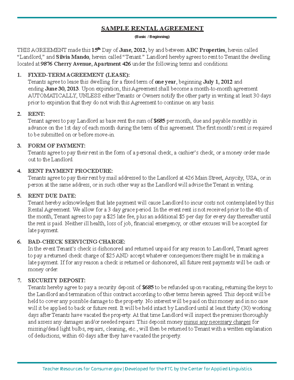 Pdf-1050G: Sample Rental Agreement for Apartment Leasing - Studocu
