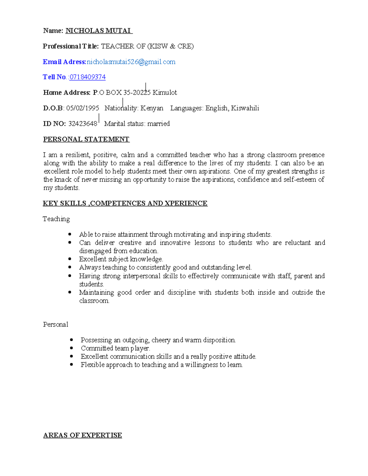 Curriculum Vitae of Nicholas Mutai -Teacher of Kiswahili & CRE - Studocu