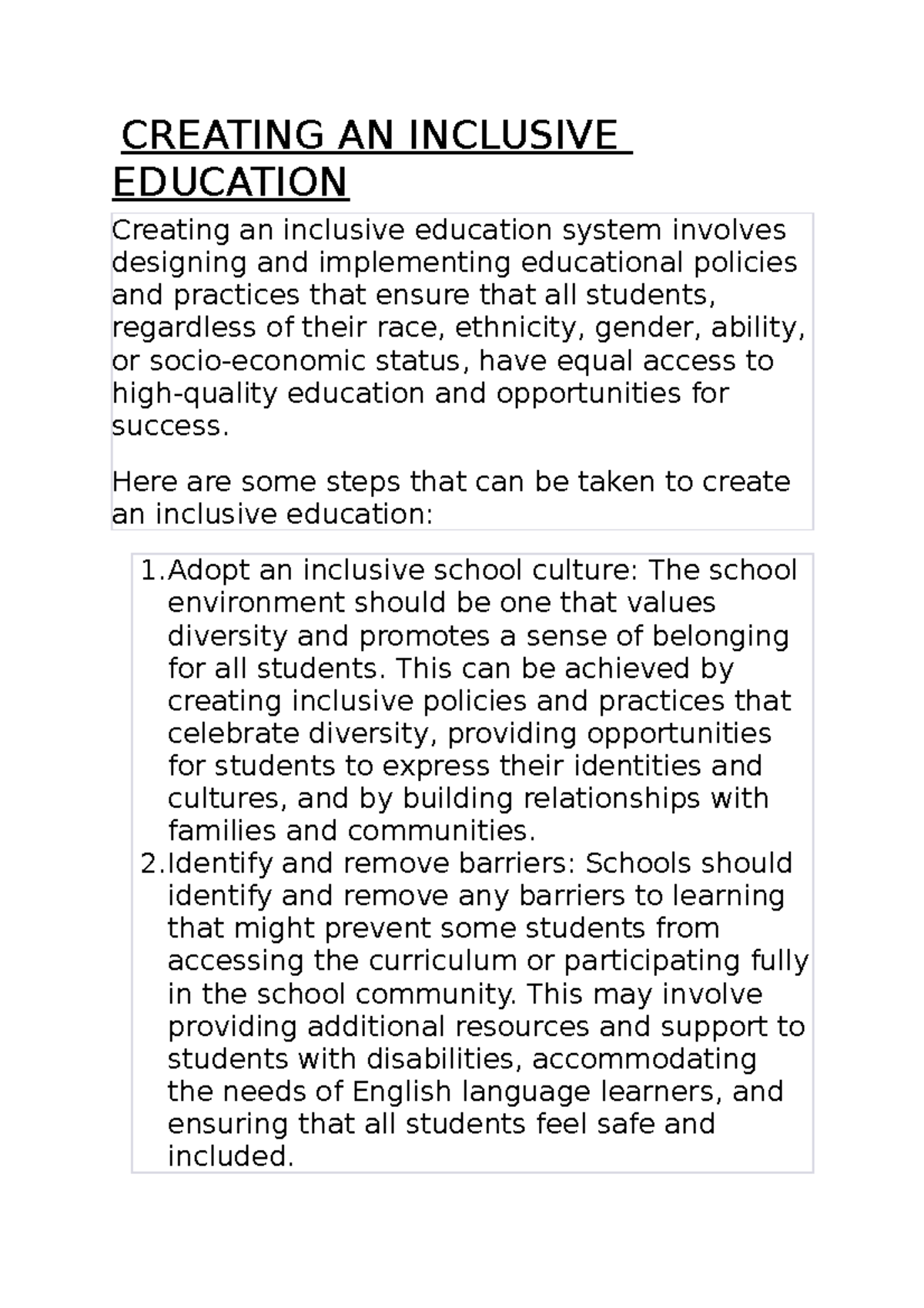 Creating an Inclusive Education System: Strategies for Success - Studocu