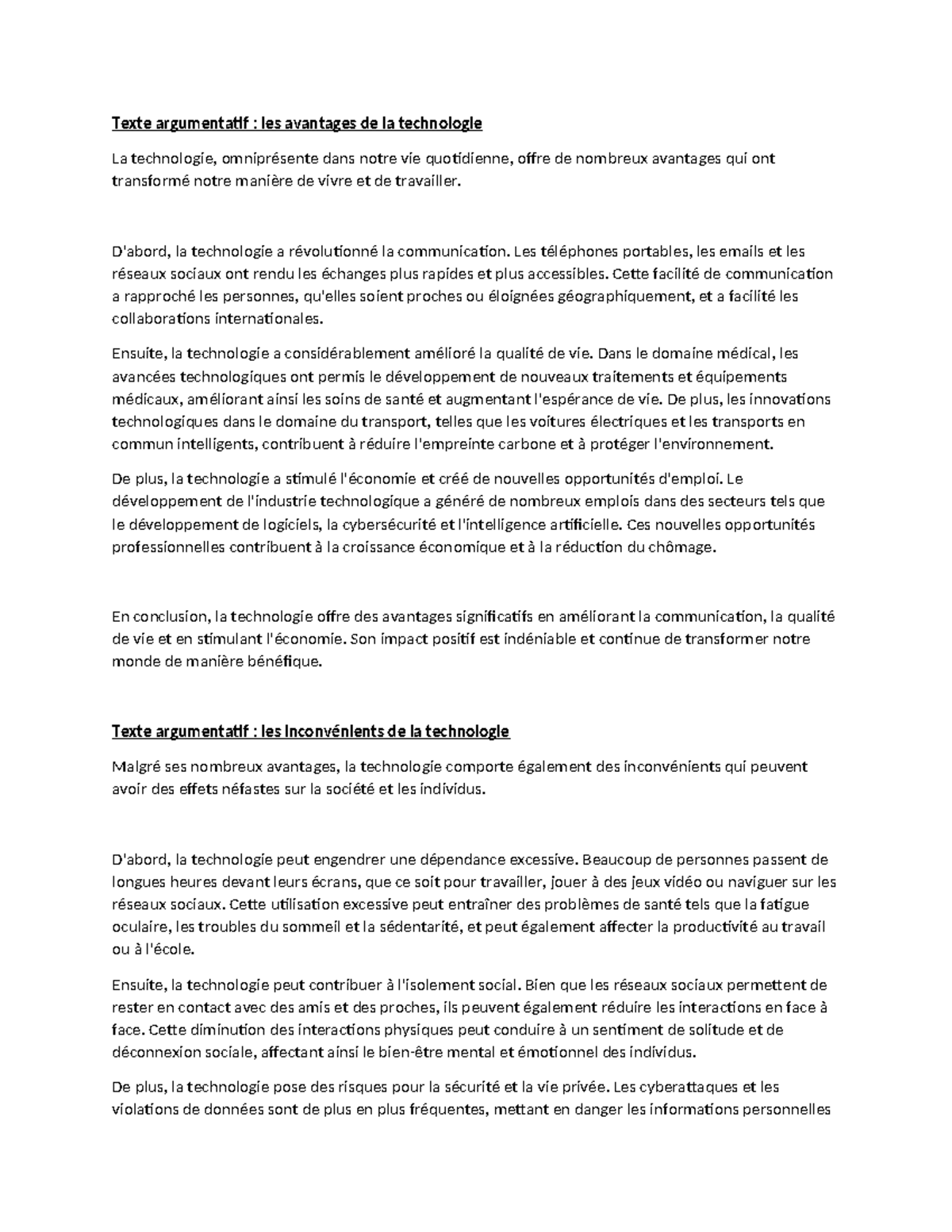 Texte argumentatif : Avantages et Inconvénients de la Technologie - Studocu