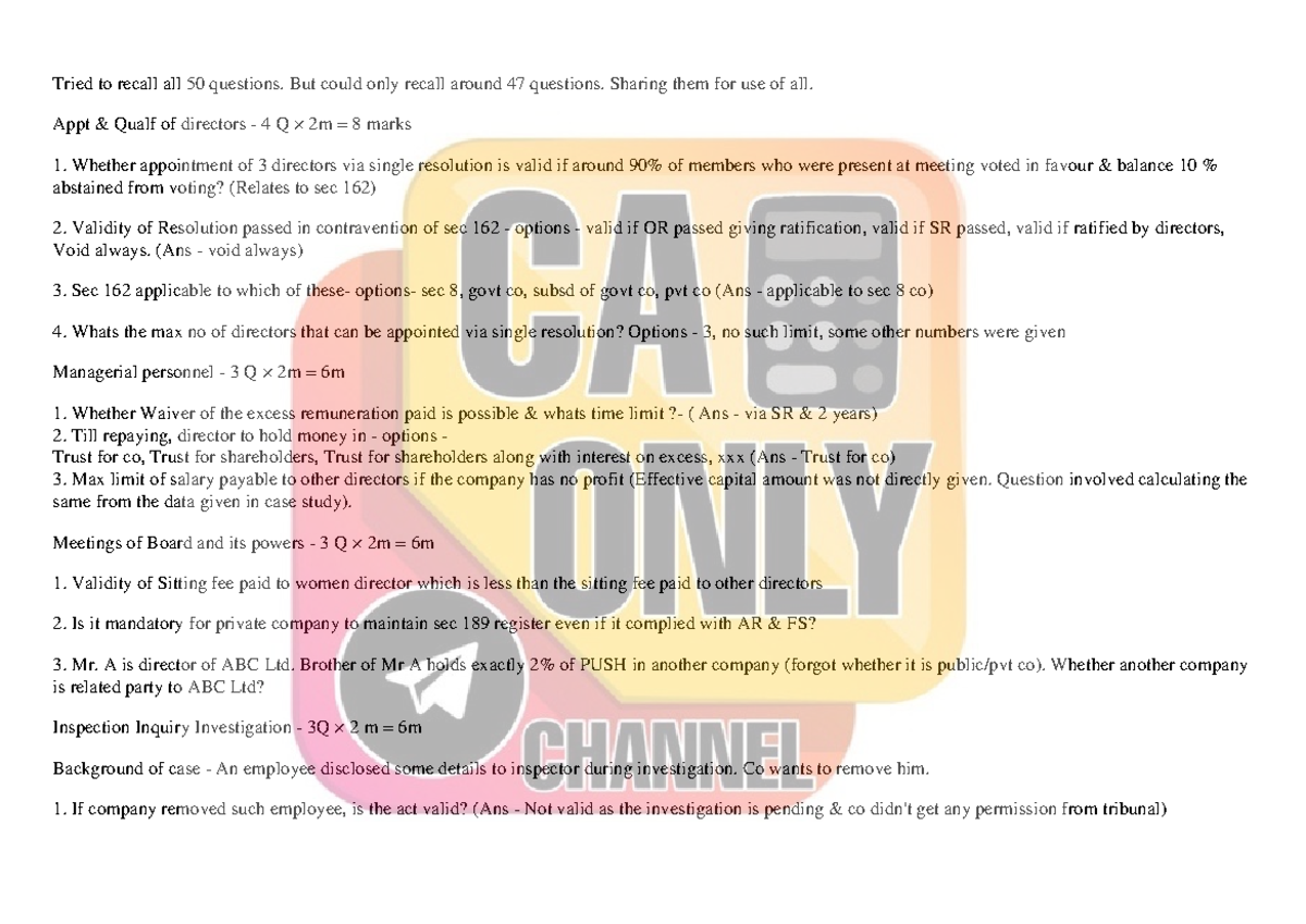 LAW SPOM - 50 Questions Recall for Directors' Appointment & Management ...