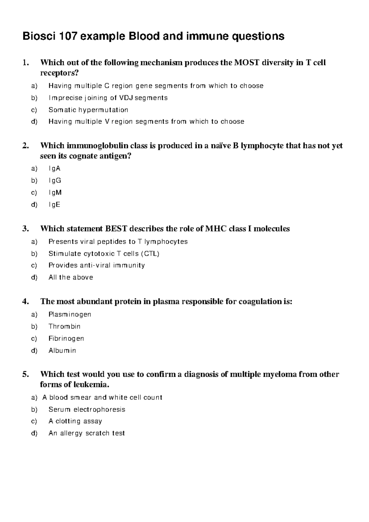 Example 107 Blood and Immune questions - Biosci 107 example Blood and ...