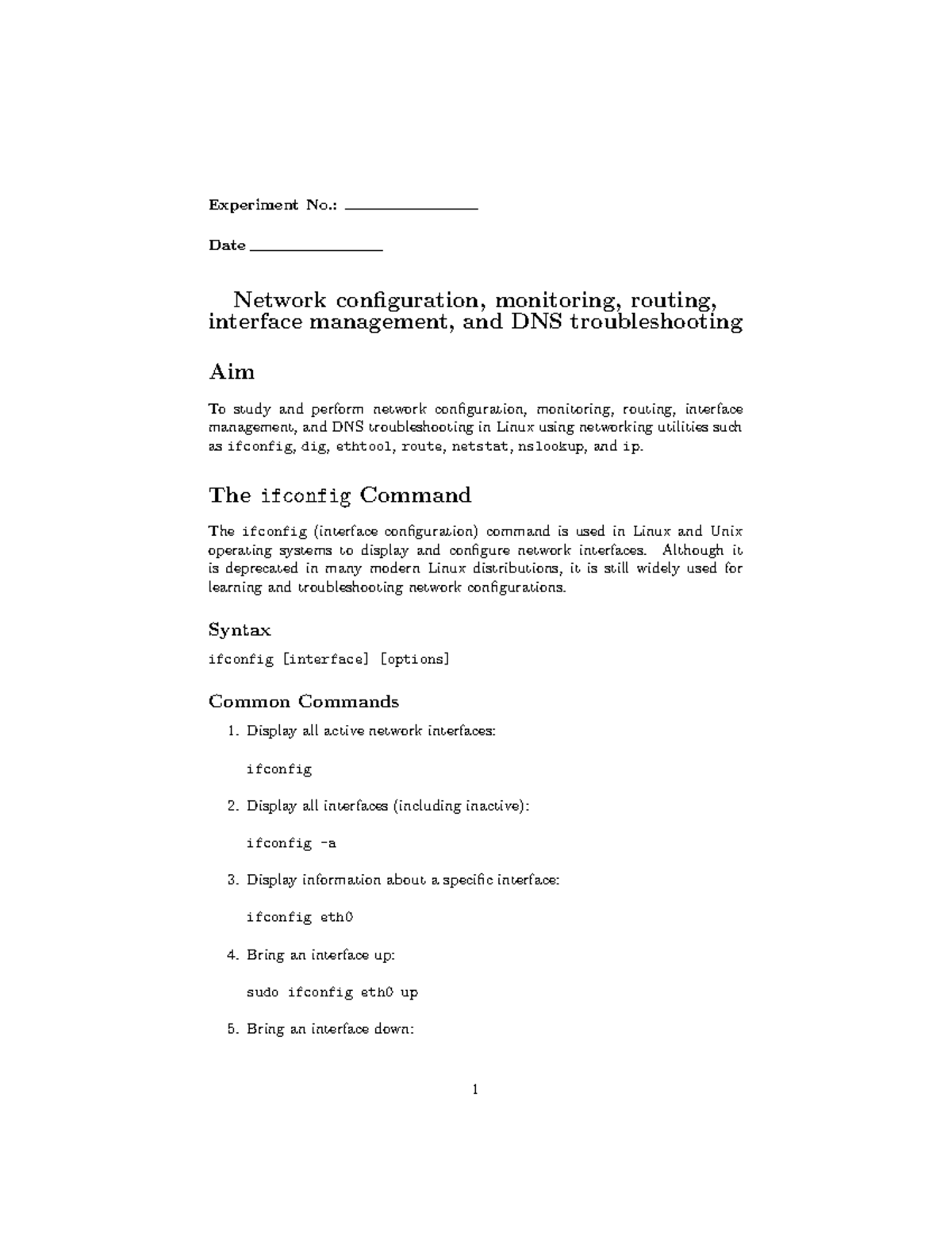 Experiment 1: Network Configuration & Troubleshooting in Linux - Studocu