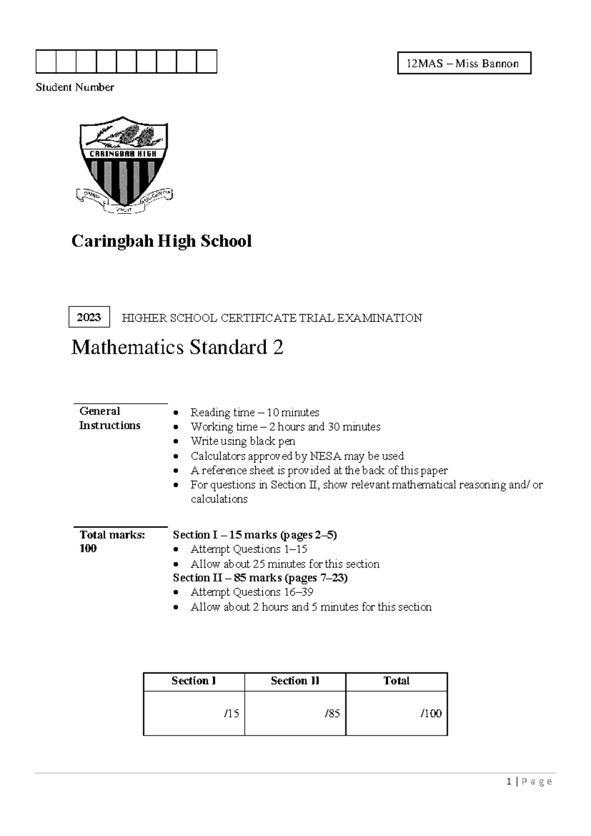 2024 HSC Mathematics Standard 2 Trial Exam Paper - Studocu