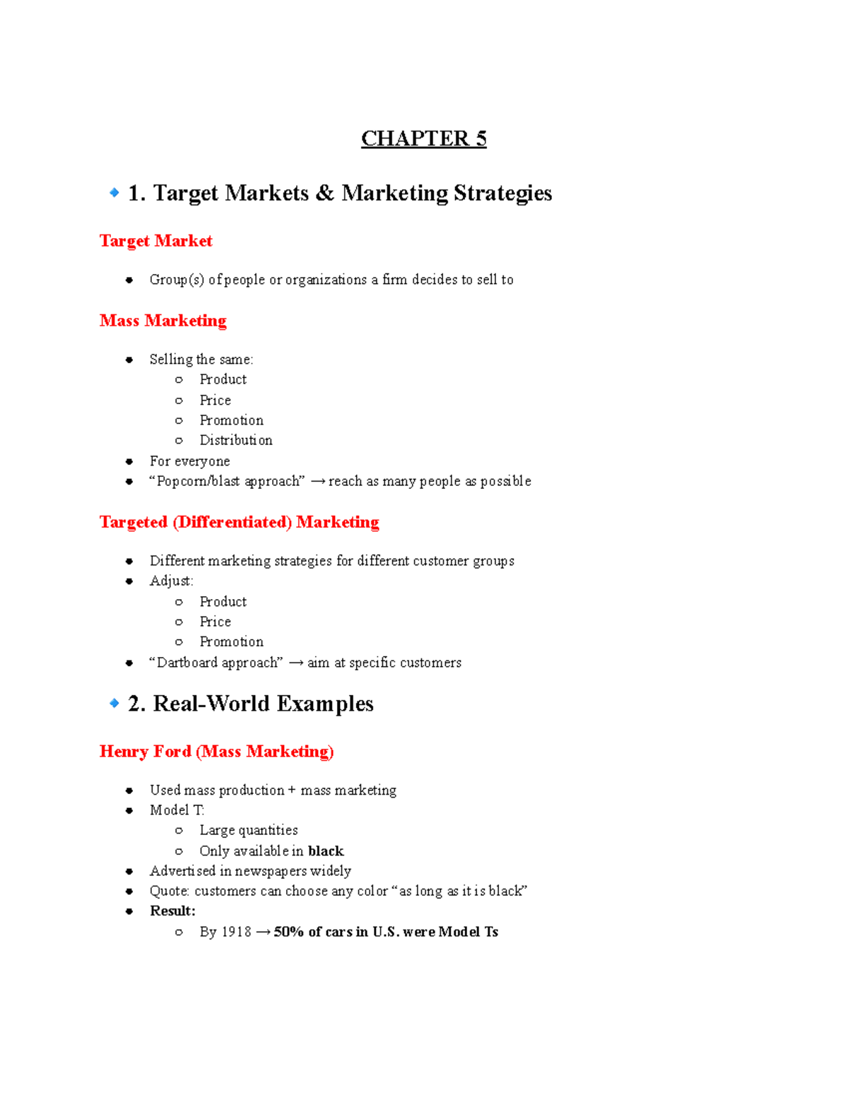 Marketing Exam Notes (Chapter 5-12) - CHAPTER 5 🔹1. Target Markets ...