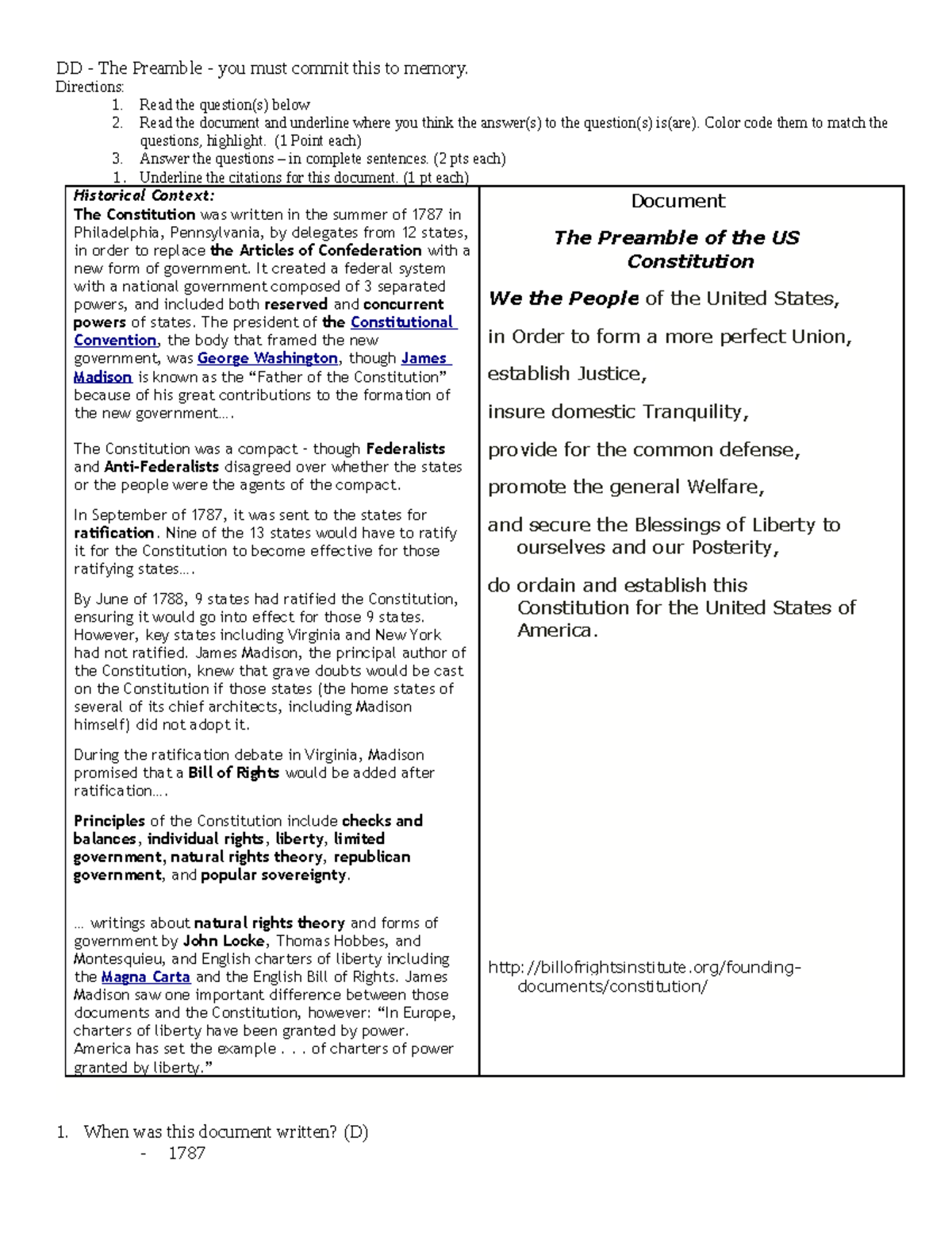 DD US Constitution Preamble Study Guide and Memory Aids - Studocu