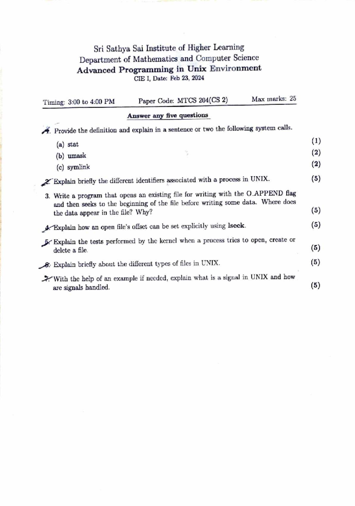 MTCS 204(CS 2) CIE I: Advanced Programming in Unix Exam Paper - Studocu