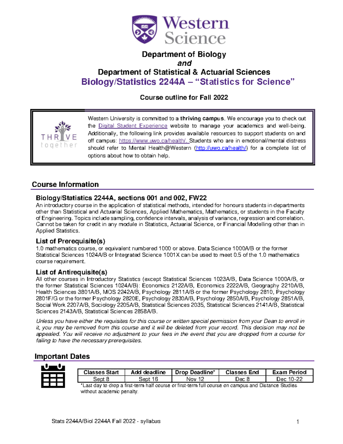 Biology/Statistics 2244A – Course Syllabus for Fall 2022 - Studocu