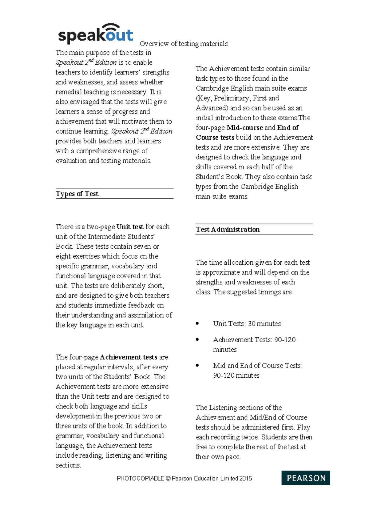 134 14- Speakout Intermediate 2nd Edition Testing Materials Overview ...