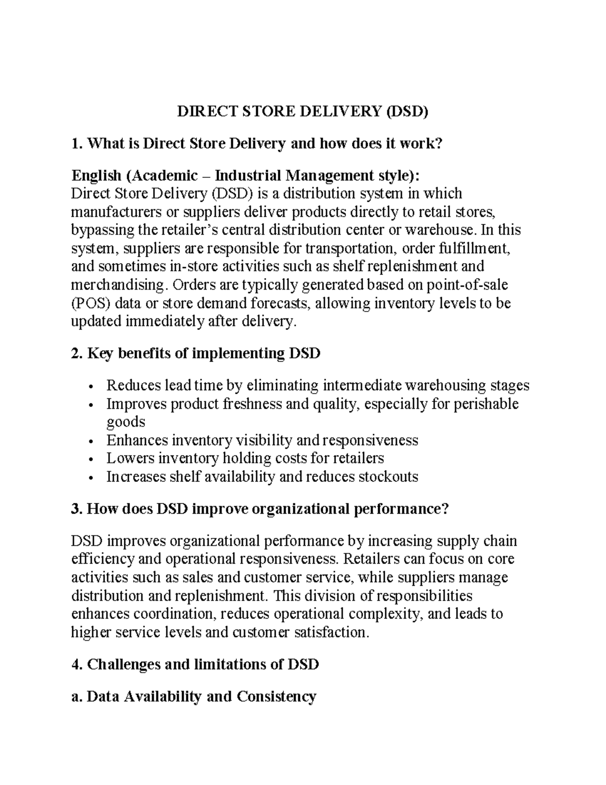 Direct Store Delivery (DSD) Overview and Key Insights - Studocu