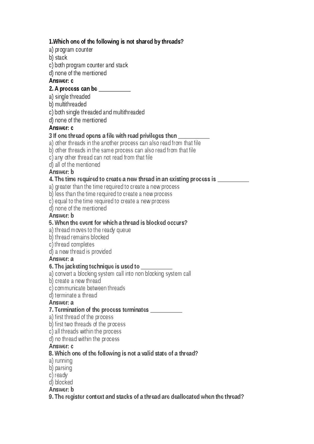 Test 9: OS Thread Questions and Answers - Studocu